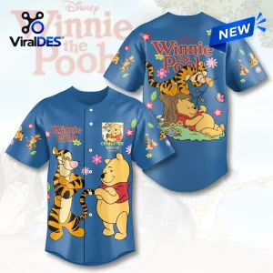 Disney Winnie the Pooh Blue Baseball Jersey featuring Tigger and Pooh character graphics on a button-up athletic shirt.