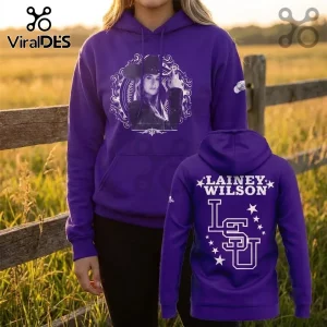 LSU Tigers Lainey Wilson College GameDay purple hoodie featuring a front portrait graphic and back LSU lettering logo.