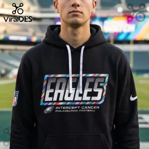 Philadelphia Eagles 2026 Crucial Catch Black Hoodie featuring rainbow-bordered text and Intercept Cancer graphic.