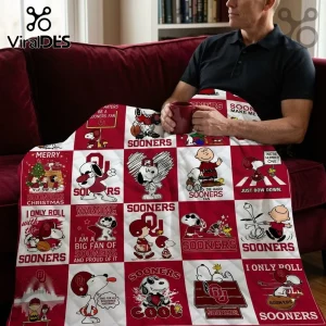 Oklahoma Sooners Snoopy Peanuts Christmas fleece blanket featuring red and white panels with team logos and characters.
