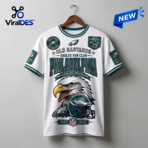 Philadelphia Eagles Old Bastards Mascot T-Shirt with eagle graphic, football helmet, and text on a white cotton base.