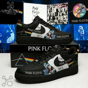 Pink Floyd The Wall Dark Side of the Moon Air Force 1 Sneakers in black with prism graphics and brick wall text detailing.