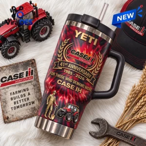 Case IH 41st Anniversary Stanley Tumbler featuring red and black flame pattern, logo, tractor graphics, and metal straw.