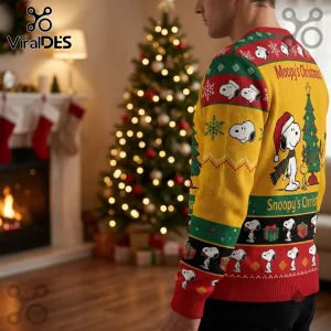 Snoopy Christmas Yellow Ugly Christmas Sweater featuring Snoopy, Woodstock, holiday trees, and gifts on knit fabric.