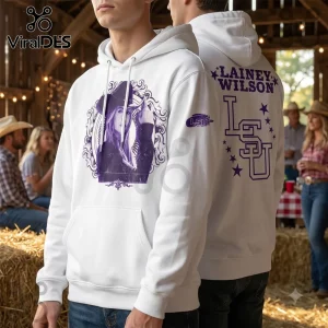 Lainey Wilson x LSU Tigers Football White Hoodie featuring a front portrait print and back LSU logo with star graphics.