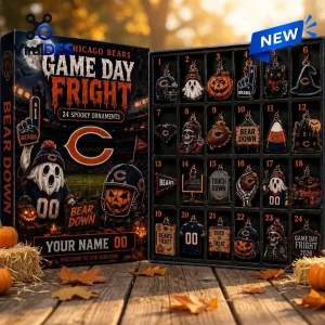 Front view of Chicago Bears Game Day Fright Halloween Advent Calendar with twenty-four spooky ornaments.