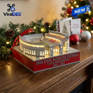Ohio State Buckeyes 135th Anniversary Christmas ornament features a lit stadium model on a red and white commemorative base.