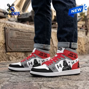 Side view of high top sneakers featuring black and red patterns, text, and character imagery.
