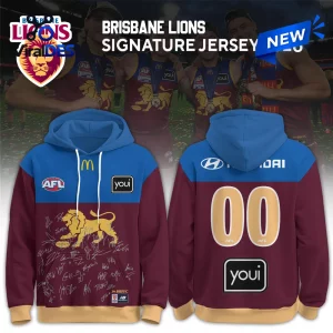 Brisbane Lions AFL 2026 Team Signature Hoodie featuring maroon, blue, and gold colors with printed player autographs.