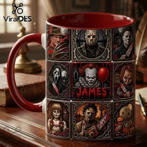 2026 Halloween Killers Ceramic Coffee Mug featuring classic horror movie villains in a grid layout with red interior.