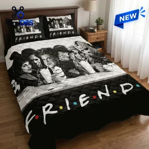 Front view of a horror movie characters friends quilt bedding set featuring monochrome figures drinking from cups.
