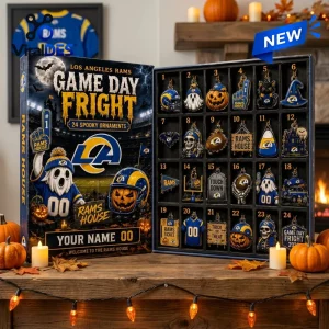 Open Los Angeles Rams Game Day Fright Halloween Advent Calendar displaying 24 spooky ornaments on a table with pumpkins.