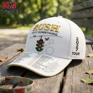 Rush Fifty Something 2027 Tour white baseball cap featuring a traffic light graphic and international tour date text list.