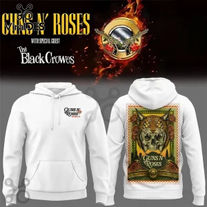 Guns N Roses x The Black Crowes San Diego Tour white hoodie with skull graphic on the back and small chest logo.