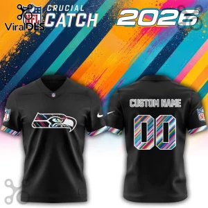 Seattle Seahawks 2026 Crucial Catch Black Football Jersey front and back views with multicolor striped graphic accents.