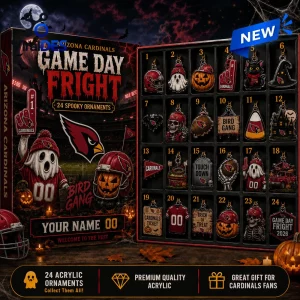 Front view of Arizona Cardinals Game Day Fright Halloween Advent Calendar with twenty-four ornaments.