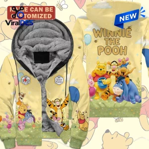 Winnie the Pooh 100th Anniversary Fleece Zip Hoodie with yellow base, grey thermal lining, and Hundred Acre Wood characters.