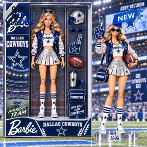 Barbie Dallas Cowboys Cheerleader Acrylic Plaque showing a doll in uniform with football accessories and stadium graphics.