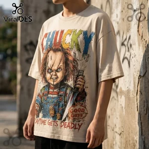 Chucky Good Guys Gone Bad cream shirt featuring a graphic of the horror doll holding a knife with distressed text.