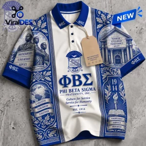 Premium Phi Beta Sigma Fraternity Polo Shirt in white and royal blue featuring Greek letters, historical icons, and text.