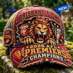 Front view of Brisbane Lions 2026 AFL Premiers Champions Distressed Cap featuring a roaring lion graphic.