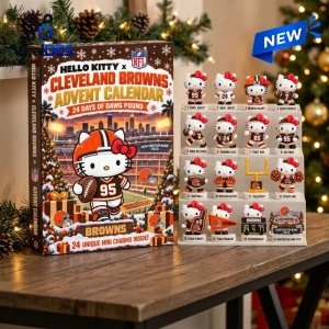 Front view of Hello Kitty x Cleveland Browns Advent Calendar with display of miniature collectible charms on a table.