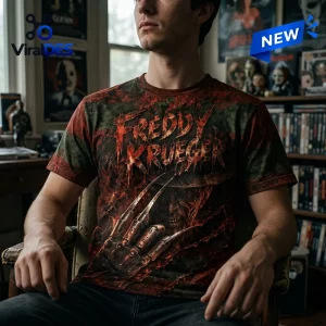 Freddy Krueger Fire Claw Shirt featuring an all-over dark red and black print of the iconic slasher character.