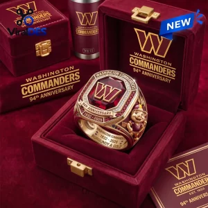 Top view of a Washington Commanders 94th Anniversary Ruby Championship Ring inside a velvet box.