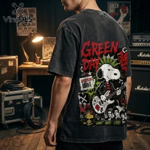 Green Day x Snoopy Rock Band Shirt featuring a mohawked Snoopy playing guitar with band members in a charcoal mineral wash.