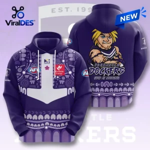 Front and back view of a Fremantle Dockers Purple Indigenous Pullover Hoodie featuring traditional patterns and team mascot.