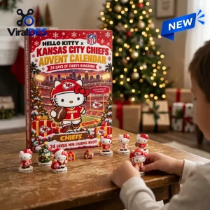 Front view of Hello Kitty x Kansas City Chiefs Advent Calendar with mini figures on a table.
