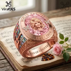 Dolly Parton 1946-2026 Rose Gold Ring featuring a portrait, butterfly accents, and music-themed engravings.