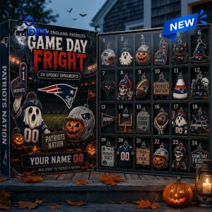 Open view of New England Patriots Halloween 2026 Advent Calendar displaying 24 spooky ornaments.