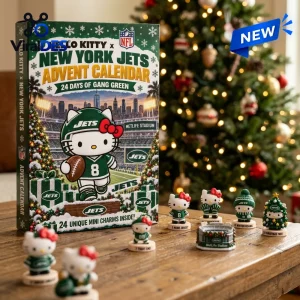 Front view of a New York Jets advent calendar with Hello Kitty characters and miniature collectible charms on a table.