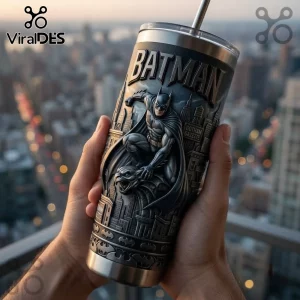 Batman Embossed Stainless Steel Tumbler featuring a 3D Batman figure on a Gotham City background with a metal straw.