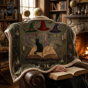 Witchcraft Black Cat Illustrated Hooded Blanket featuring a feline on an open spellbook with witch hats and moths.