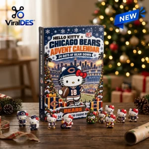 Front view of a Hello Kitty x Chicago Bears Advent Calendar with miniature character figures on a wooden table.