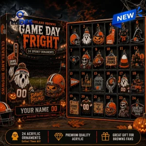 Open Halloween advent calendar with 24 numbered slots revealing football-themed spooky acrylic ornaments.