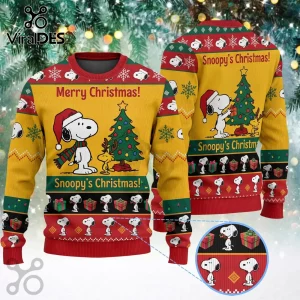 Snoopy Christmas Yellow Ugly Christmas Sweater featuring Snoopy, Woodstock, a decorated tree, and holiday patterns.