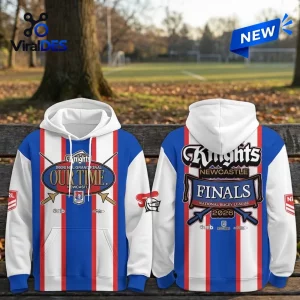 Front and back views of Newcastle Knights 2026 Grand Final Hoodie featuring red, white, and blue stripes.