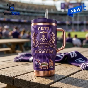 Fremantle Dockers 32nd Anniversary Stanley Tumbler in purple with rose gold accents and stadium, jersey, and anchor graphics.