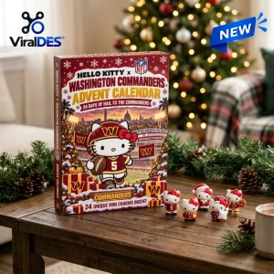 Front view of a Washington Commanders Hello Kitty 2026 advent calendar with mini figurines on a wooden table.