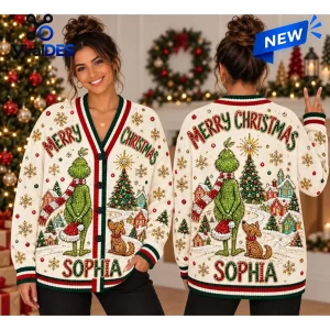 Front and back view of a festive holiday knitted cardigan featuring green character graphics and personalized name text.