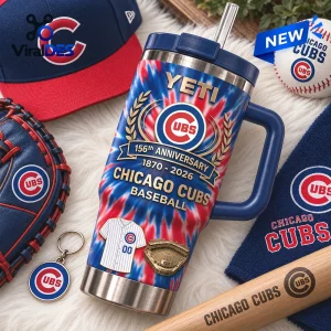 Chicago Cubs 156th Anniversary Stanley Tumbler featuring tie-dye pattern, stadium graphic, and team logo on fuzzy surface.