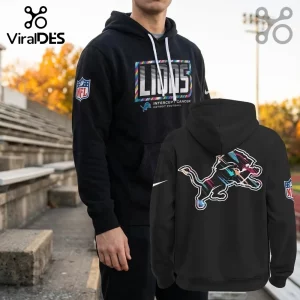NFL Detroit Lions 2026 Crucial Catch black hoodie with multi-colored striped logos on front and back.