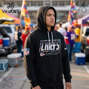 Kansas City Chiefs 2026 NFL Crucial Catch black hoodie with colorful team logo and cancer awareness graphic on chest.