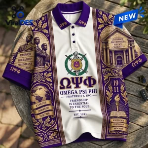 Front view of a white and purple Omega Psi Phi Fraternity polo shirt featuring Greek letters, custom graphics, and text.
