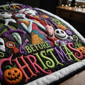 Nightmare Before Christmas personalized blanket featuring embroidered characters Jack, Sally, and Lock on a black background.