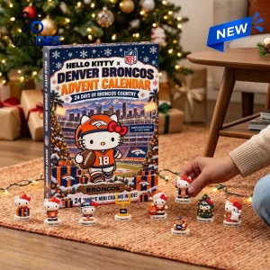 Front view of a Hello Kitty x Denver Broncos advent calendar with miniature figurines displayed on a floor rug.