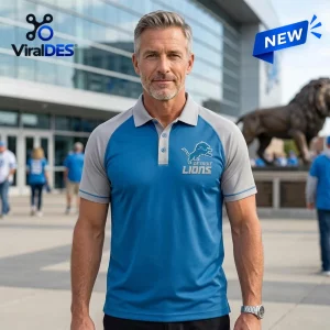 Detroit Lions Blue and Grey Two Tone Polo Shirt featuring the team logo on a man standing outside a stadium.